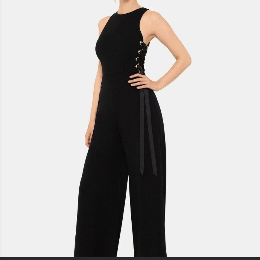 XSCAPE Black Jumpsuit Sleeveless Wide Leg Side Lace-up Size 4 Small